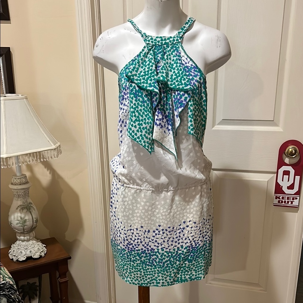 BCBGMaxAzria Teal and Purple Halter Silk Dress. Small. Pockets.